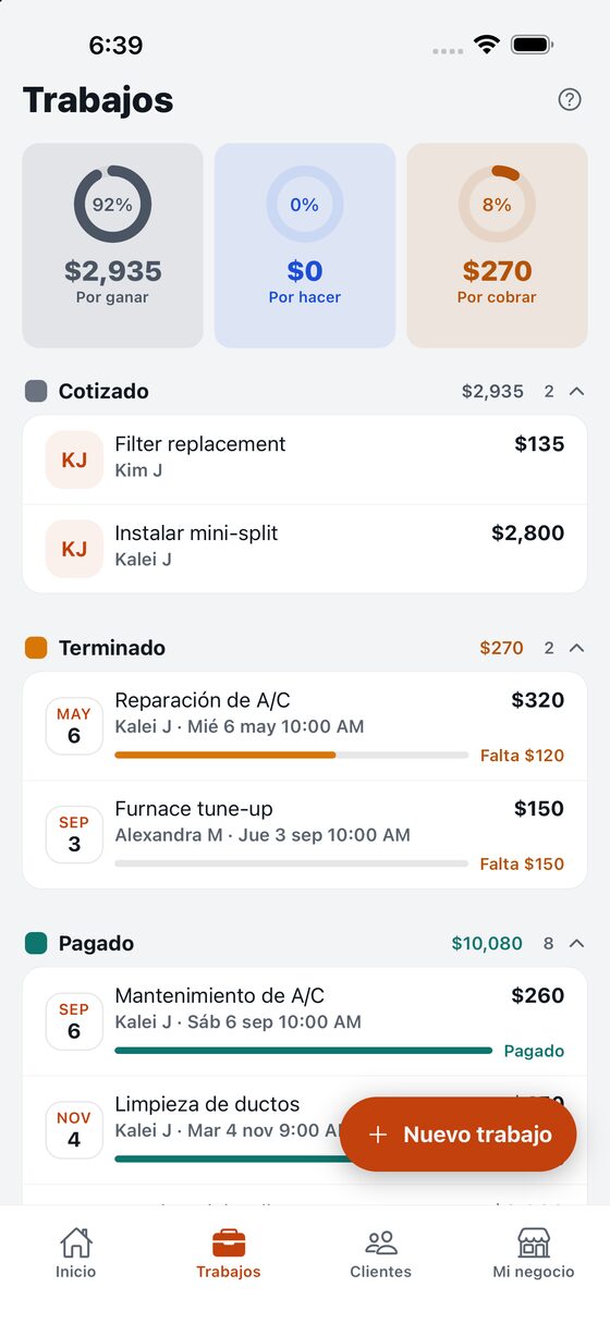 La lista de trabajos, con cada uno en su color.