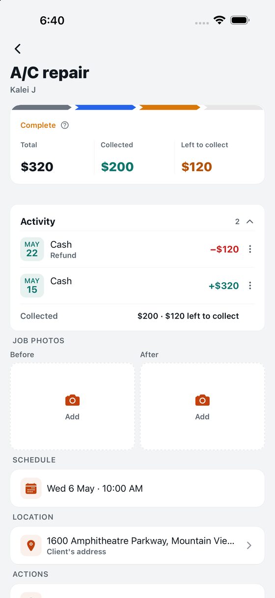 The job card: the price, what was collected and what is left.