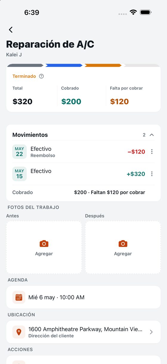 La ficha del trabajo: el precio, lo cobrado y lo que falta.