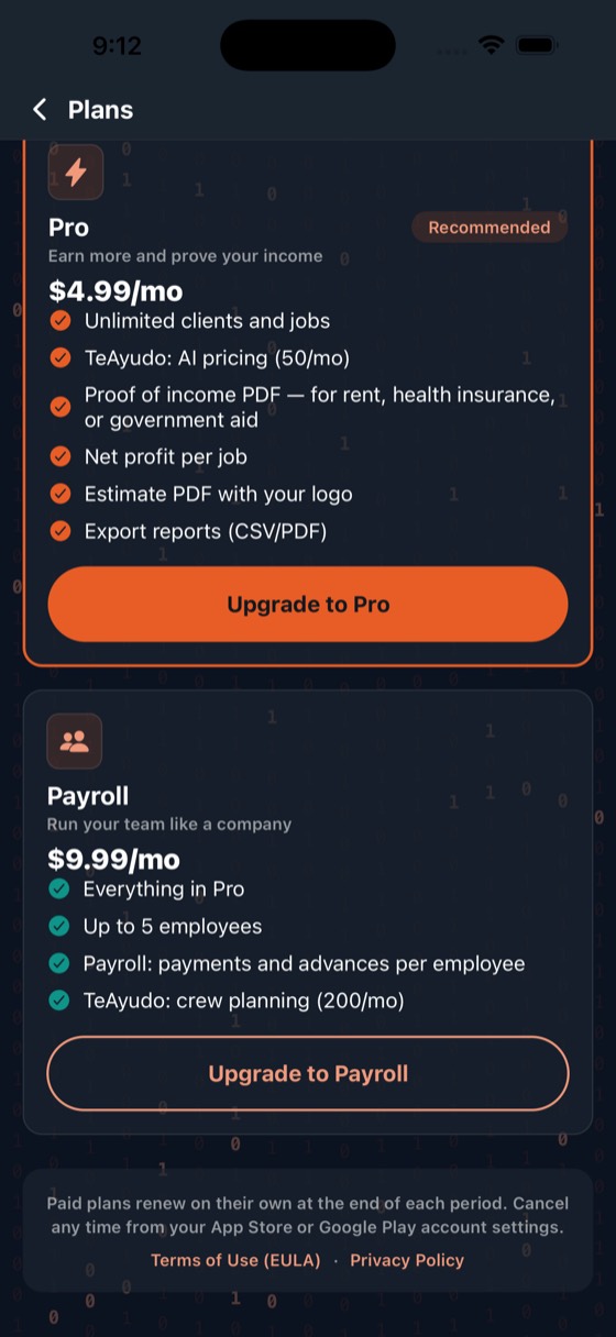 The Plans screen, under My business.